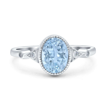 Art Deco Wedding Engagement Ring Oval Simulated Aquamarine CZ 925 Sterling Silver (9mm)
